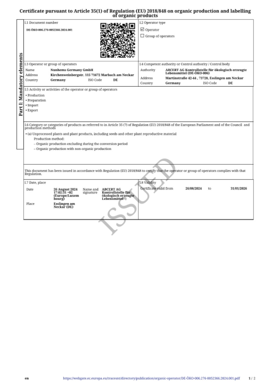 Organic Operator Certificate